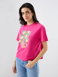 Women T-Shirt Graphic Pink Oversized Fit
