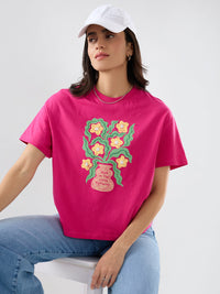 Women T-Shirt Graphic Pink Oversized Fit