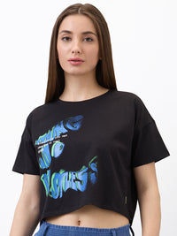 Women T-Shirt Solid Black Boxy Fit