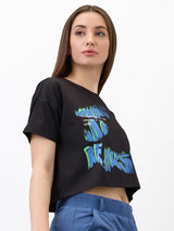 Women T-Shirt Solid Black Boxy Fit