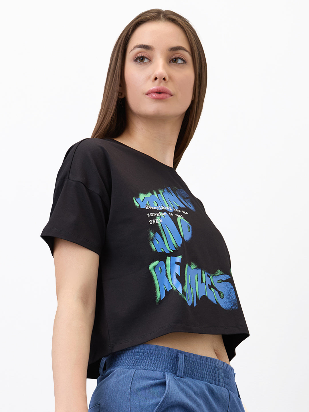 Women T-Shirt Solid Black Boxy Fit
