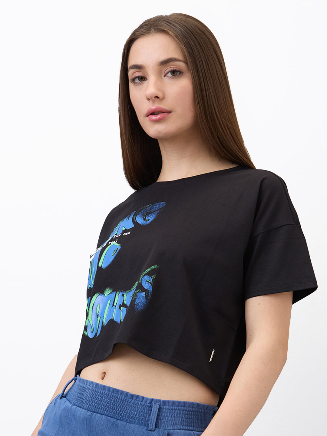 Spykar Black Boxy Fit Solid Half Sleeve T-Shirt For Women