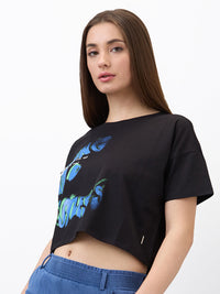 Women T-Shirt Solid Black Boxy Fit