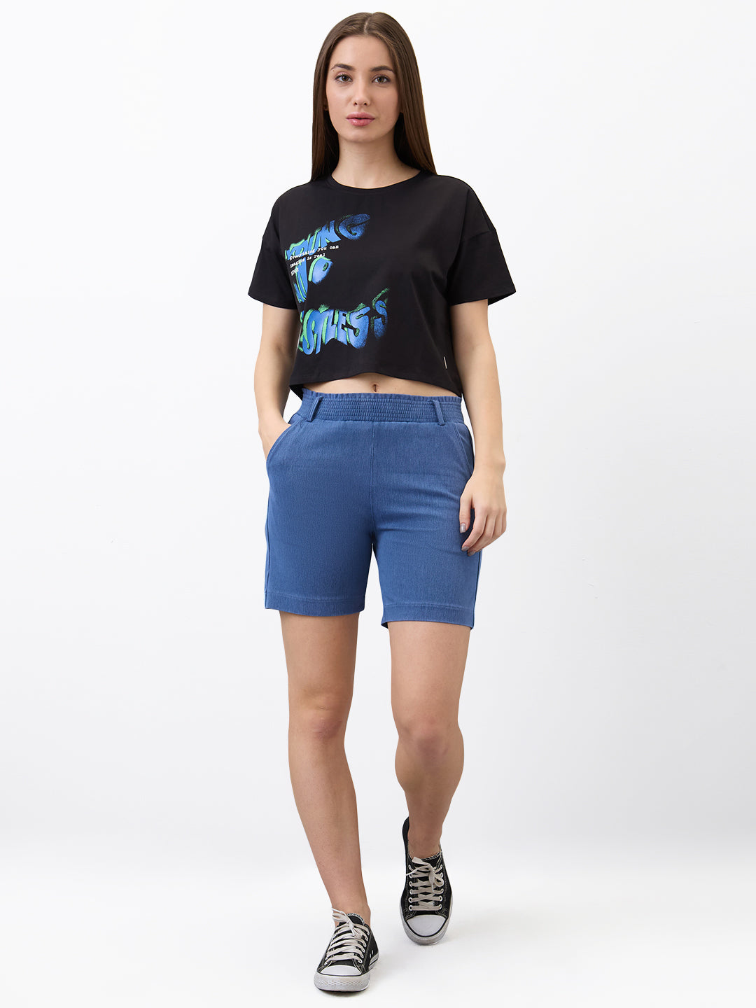 Women T-Shirt Solid Black Boxy Fit