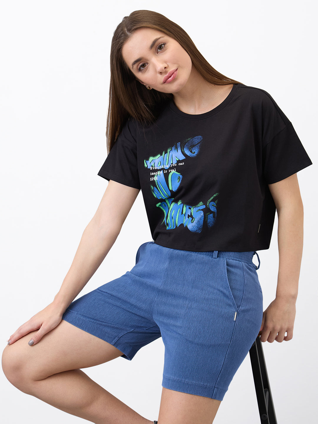 Women T-Shirt Solid Black Boxy Fit