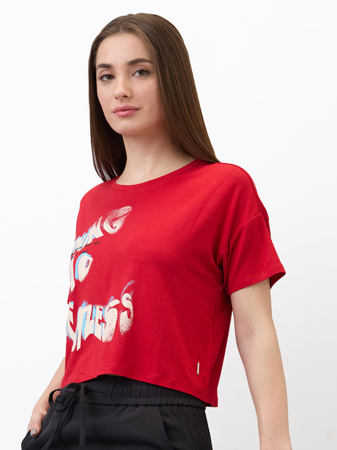 Spykar Red Boxy Fit Solid Half Sleeve T-Shirt For Women