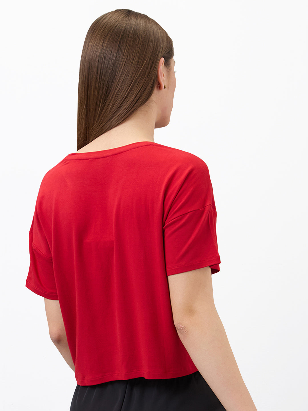 Spykar Red Boxy Fit Solid Half Sleeve T-Shirt For Women