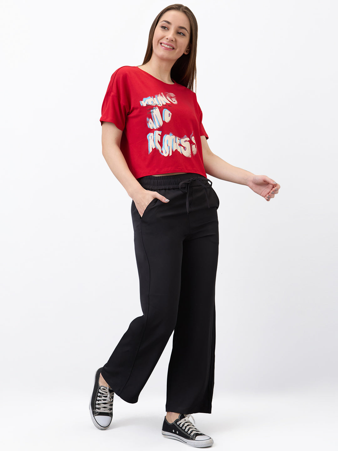 Spykar Red Boxy Fit Solid Half Sleeve T-Shirt For Women