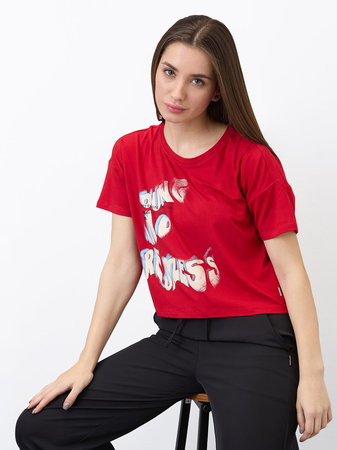 Spykar Red Boxy Fit Solid Half Sleeve T-Shirt For Women