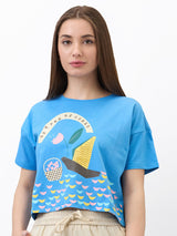 Women T-Shirt Solid Blue Boxy Fit
