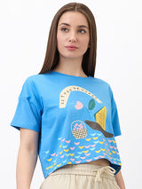 Women T-Shirt Solid Blue Boxy Fit