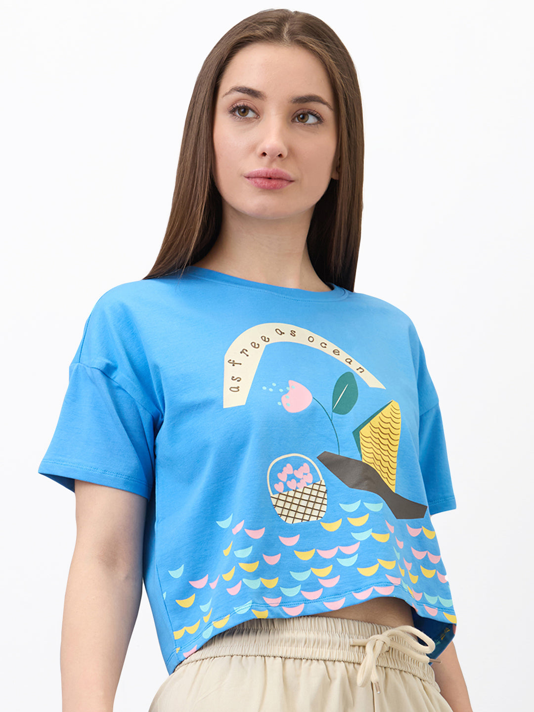 Women T-Shirt Solid Blue Boxy Fit