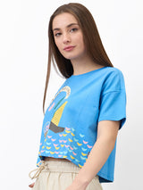 Women T-Shirt Solid Blue Boxy Fit