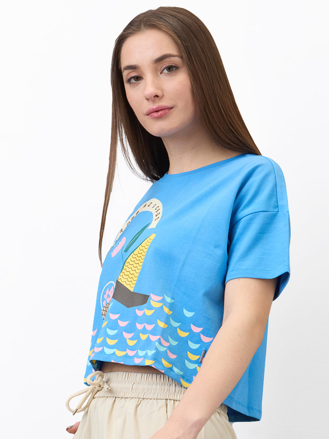 Women T-Shirt Solid Blue Boxy Fit
