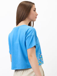 Women T-Shirt Solid Blue Boxy Fit