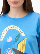 Women T-Shirt Solid Blue Boxy Fit