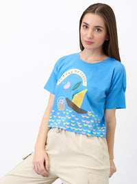 Women T-Shirt Solid Blue Boxy Fit