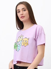 Women T-Shirt Solid Purple Boxy Fit