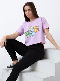 Women T-Shirt Solid Purple Boxy Fit