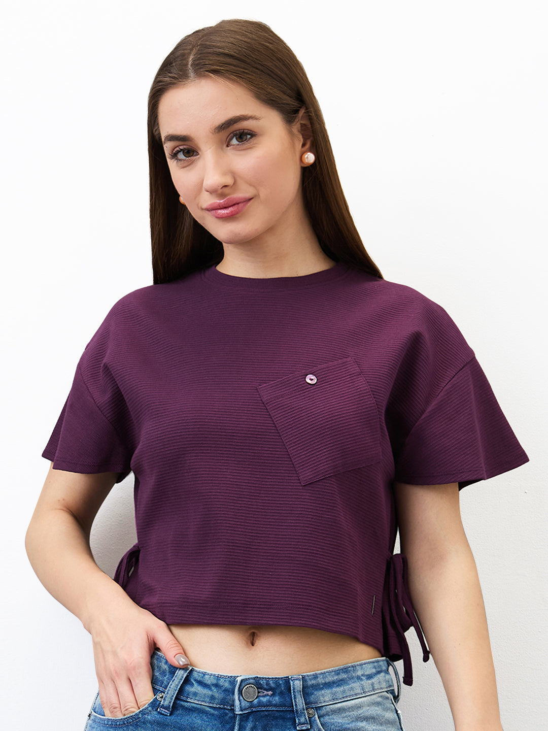 Spykar Purple Boxy Fit Solid Half Sleeve T-Shirt For Women