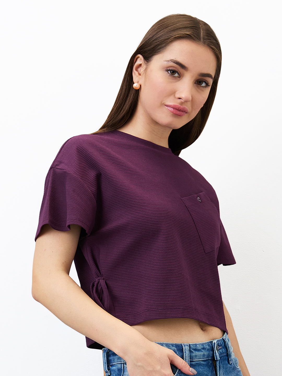 Spykar Purple Boxy Fit Solid Half Sleeve T-Shirt For Women