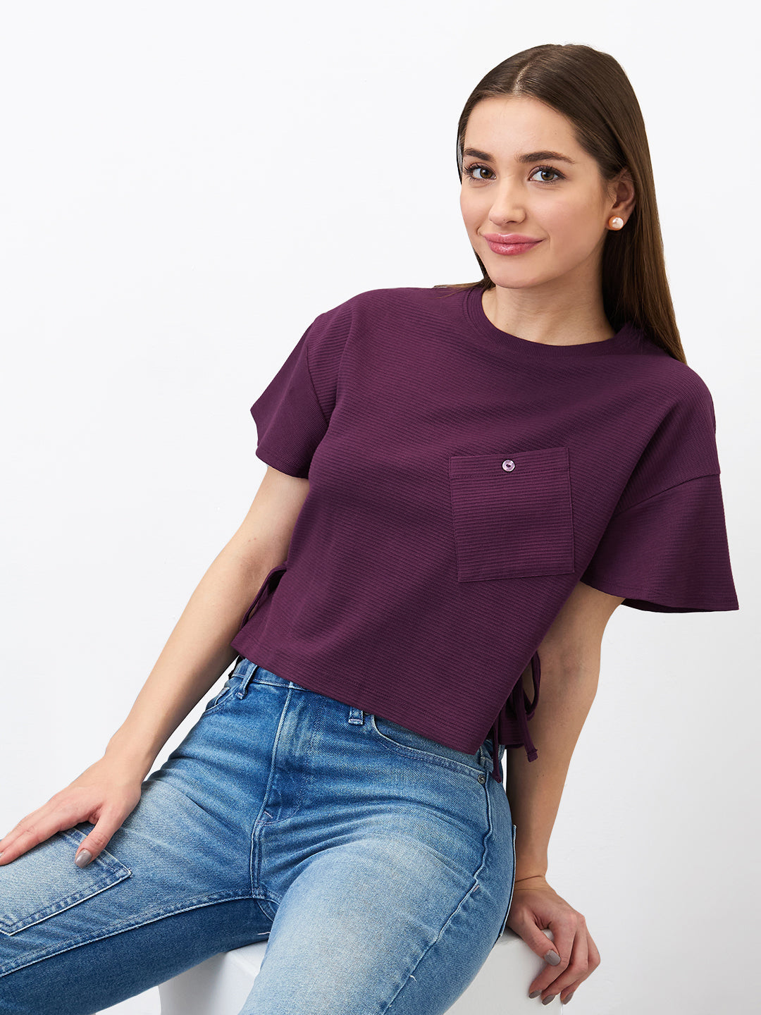 Spykar Purple Boxy Fit Solid Half Sleeve T-Shirt For Women