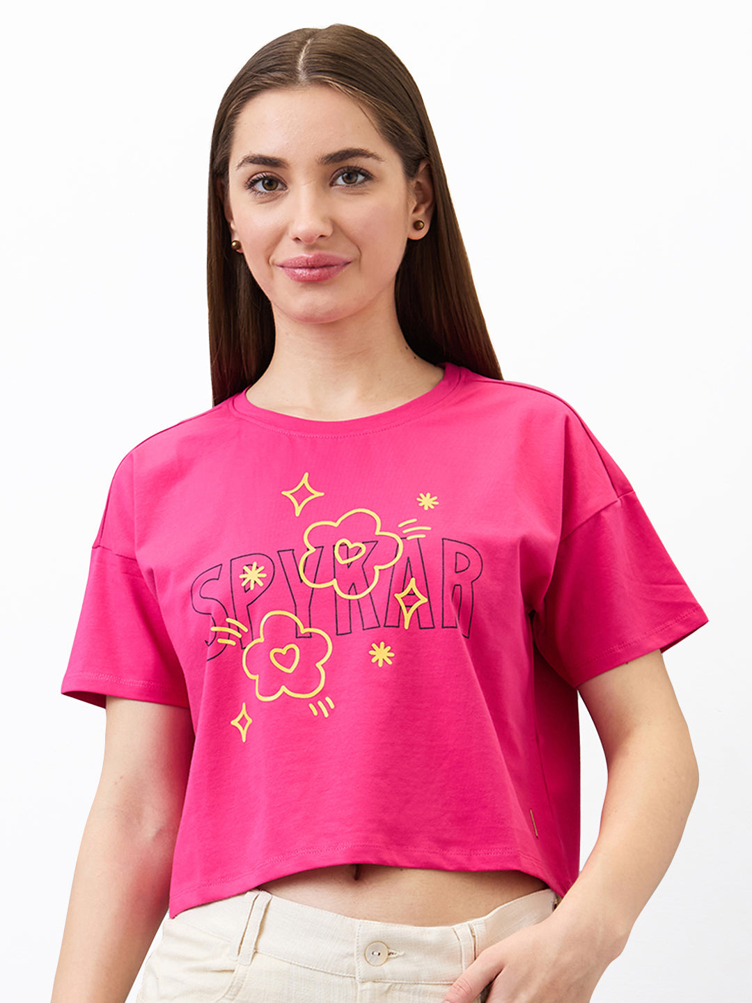 Spykar Pink Boxy Fit Solid Half Sleeve T-Shirt For Women