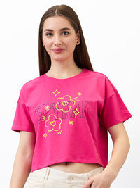 Women T-Shirt Solid Pink Boxy Fit