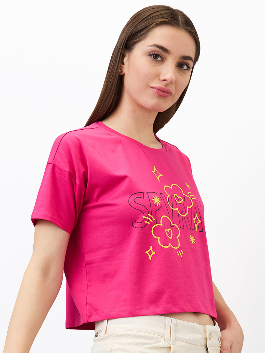 Spykar Pink Boxy Fit Solid Half Sleeve T-Shirt For Women