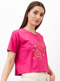Women T-Shirt Solid Pink Boxy Fit