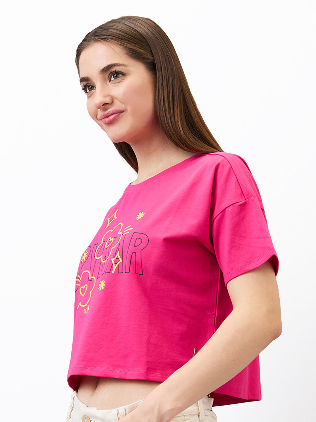 Spykar Pink Boxy Fit Solid Half Sleeve T-Shirt For Women