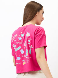 Women T-Shirt Solid Pink Boxy Fit