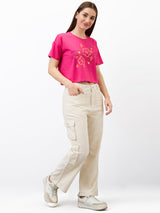 Women T-Shirt Solid Pink Boxy Fit