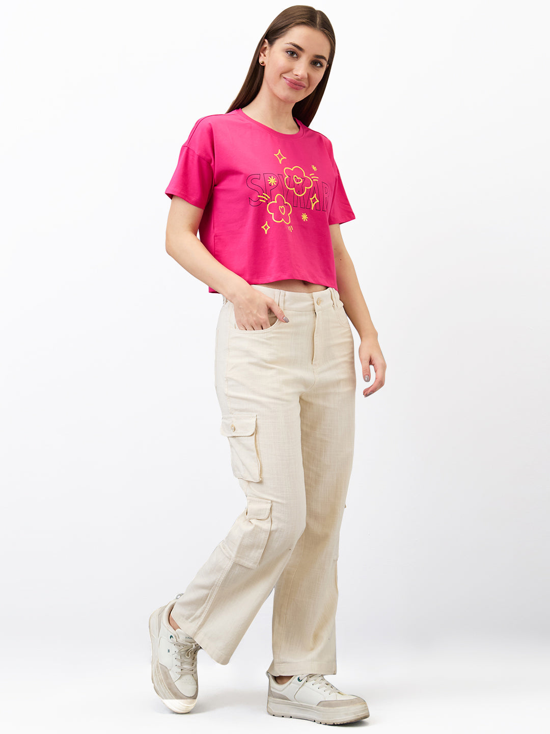 Women T-Shirt Solid Pink Boxy Fit