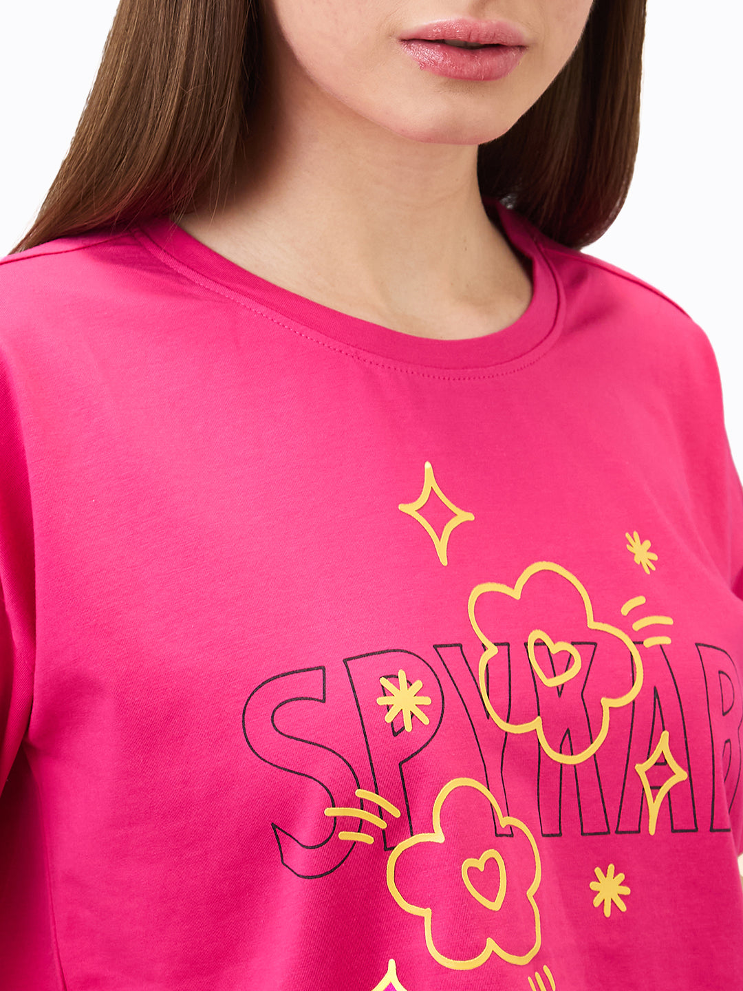 Women T-Shirt Solid Pink Boxy Fit