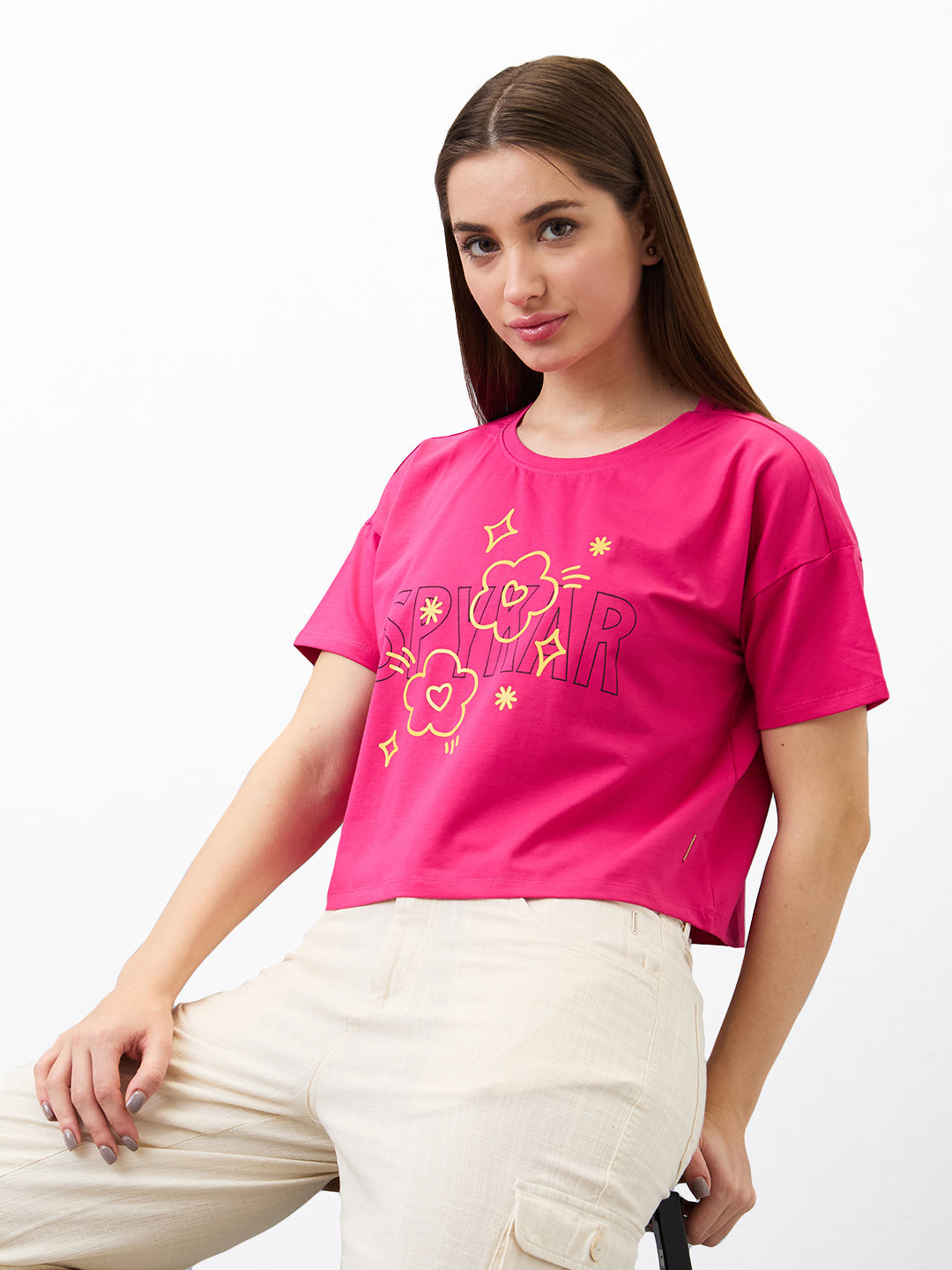 Spykar Pink Boxy Fit Solid Half Sleeve T-Shirt For Women