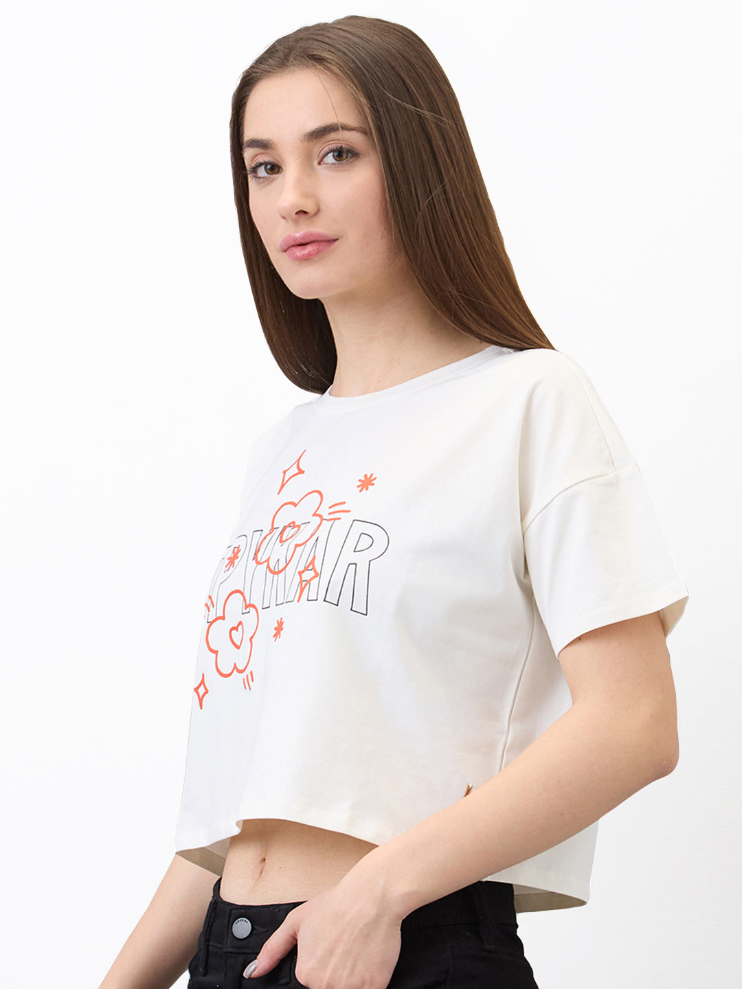 Spykar White Boxy Fit Solid Half Sleeve T-Shirt For Women