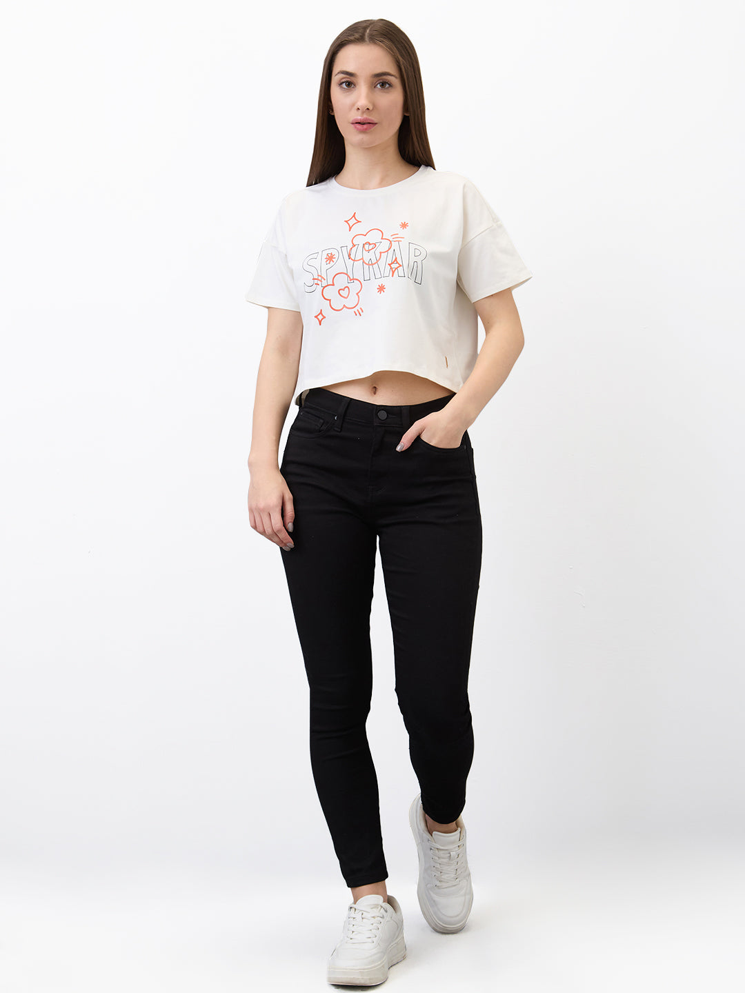 Spykar White Boxy Fit Solid Half Sleeve T-Shirt For Women