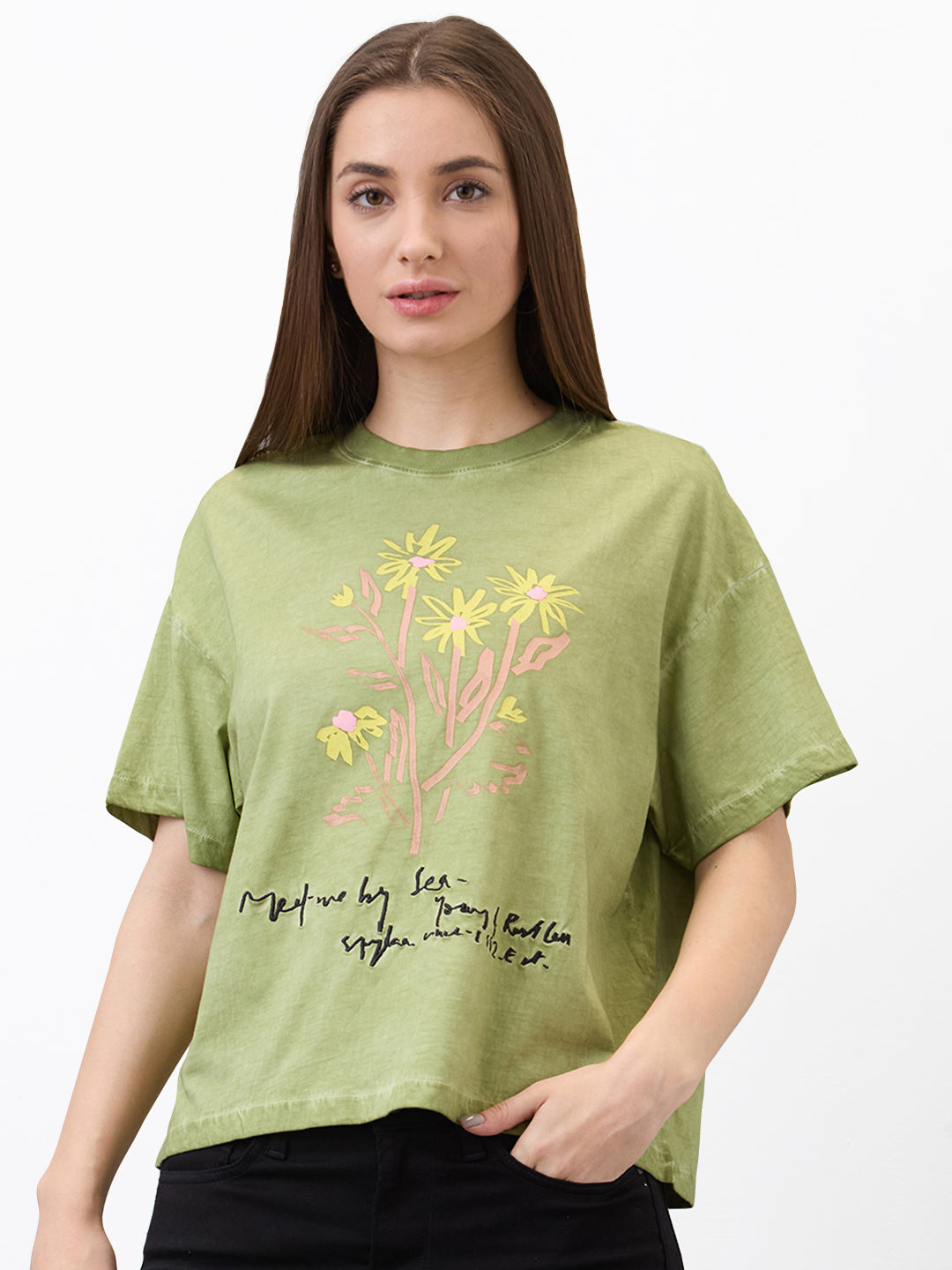 Spykar Green Oversized Solid Half Sleeve T-Shirt For Women