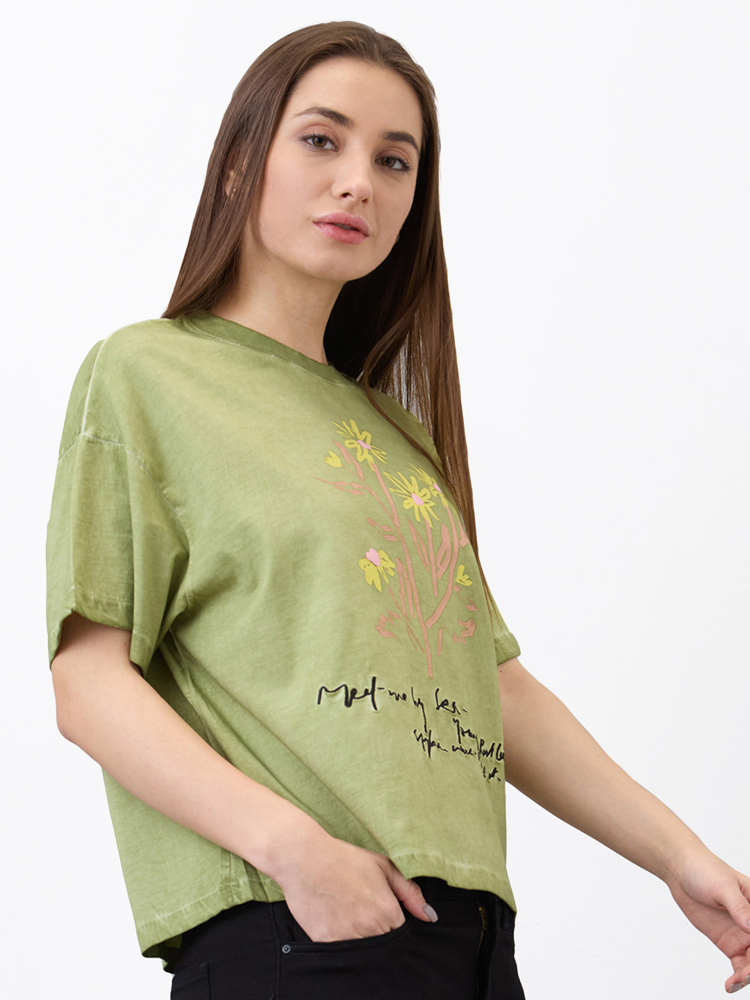 Spykar Green Oversized Solid Half Sleeve T-Shirt For Women