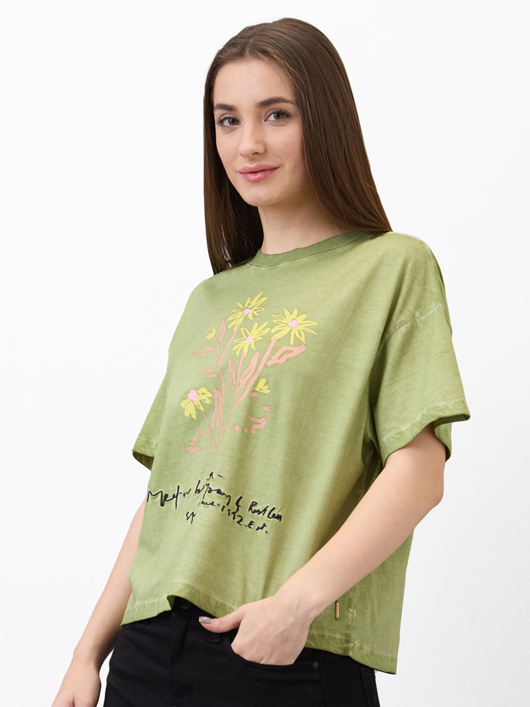 Spykar Green Oversized Solid Half Sleeve T-Shirt For Women