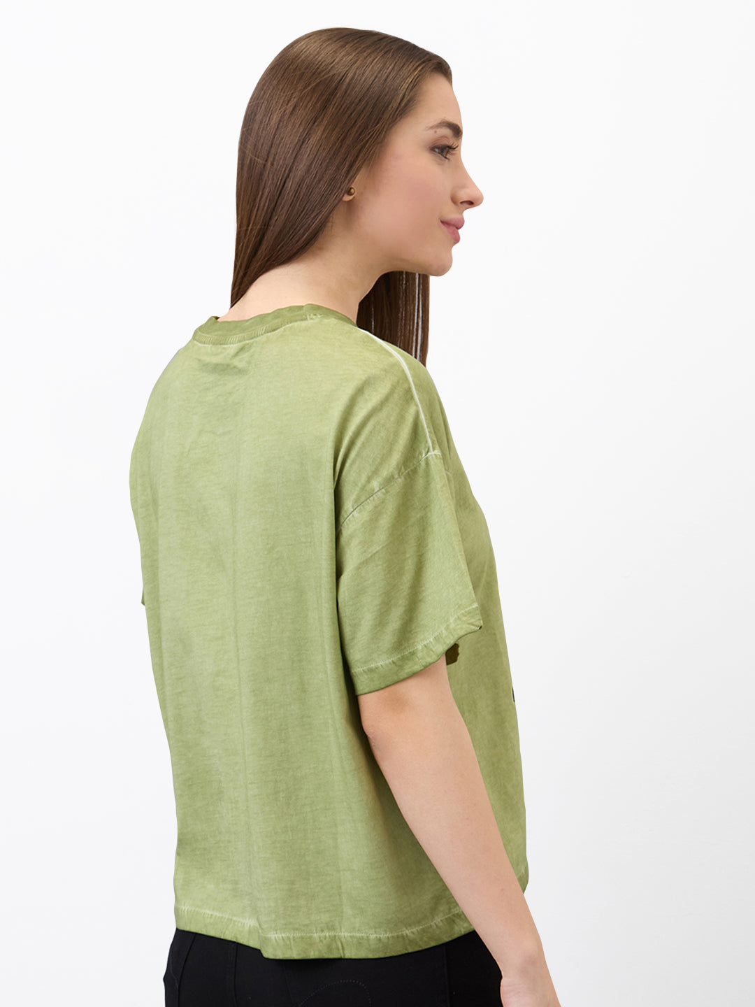 Spykar Green Oversized Solid Half Sleeve T-Shirt For Women