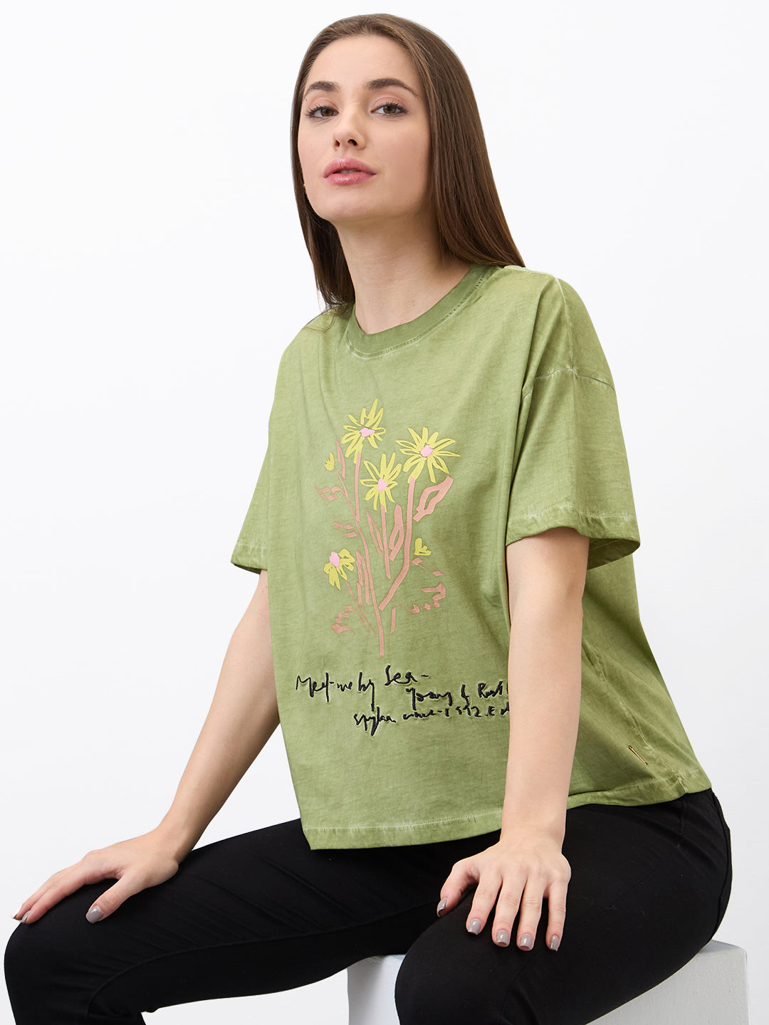 Spykar Green Oversized Solid Half Sleeve T-Shirt For Women