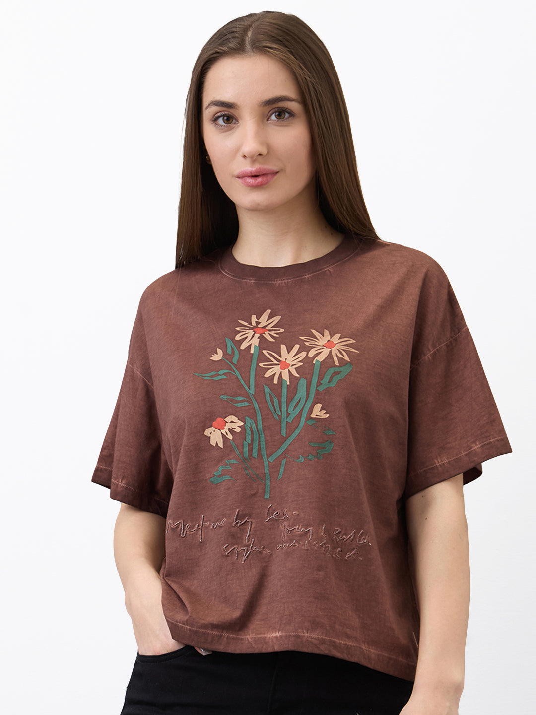 Spykar Brown Oversized Solid Half Sleeve T-Shirt For Women