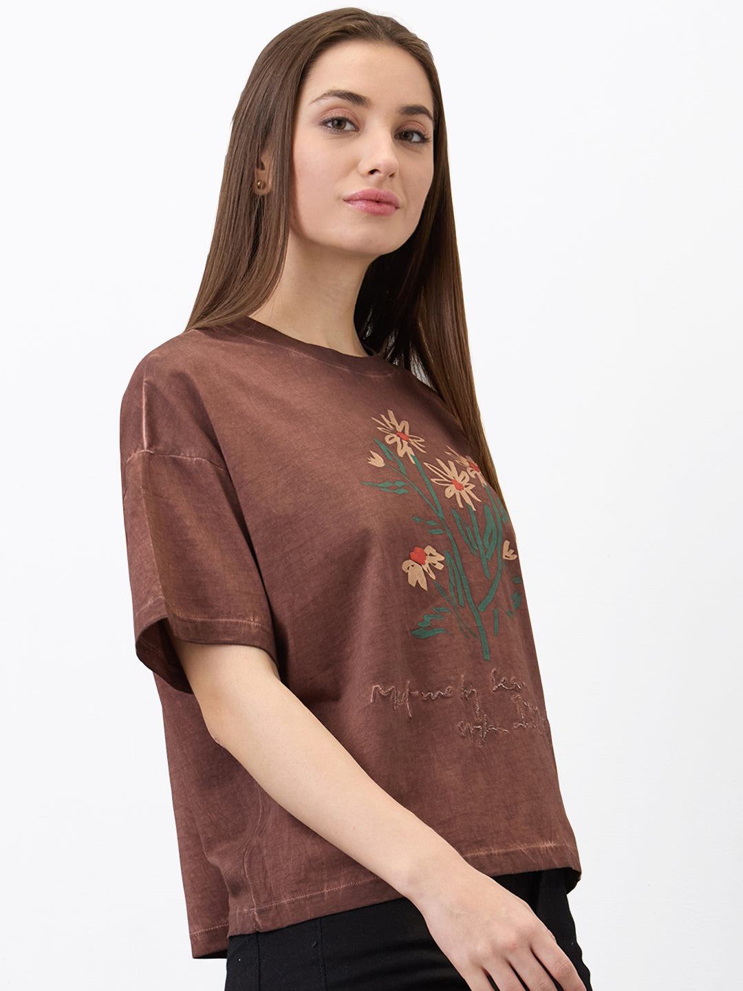 Spykar Brown Oversized Solid Half Sleeve T-Shirt For Women