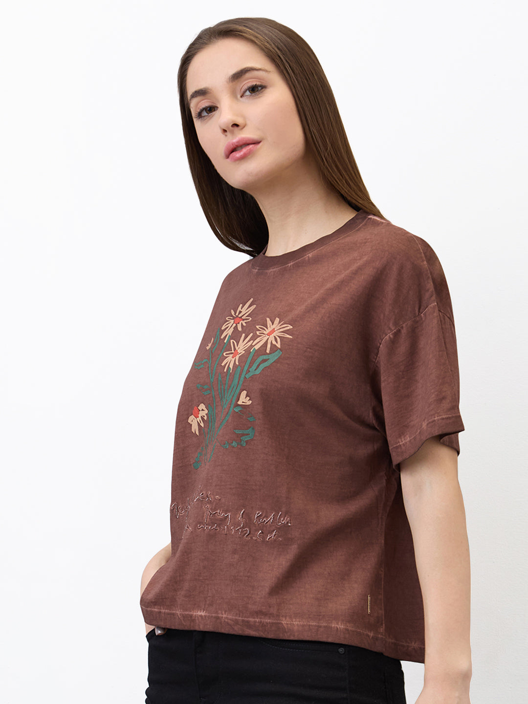 Spykar Brown Oversized Solid Half Sleeve T-Shirt For Women