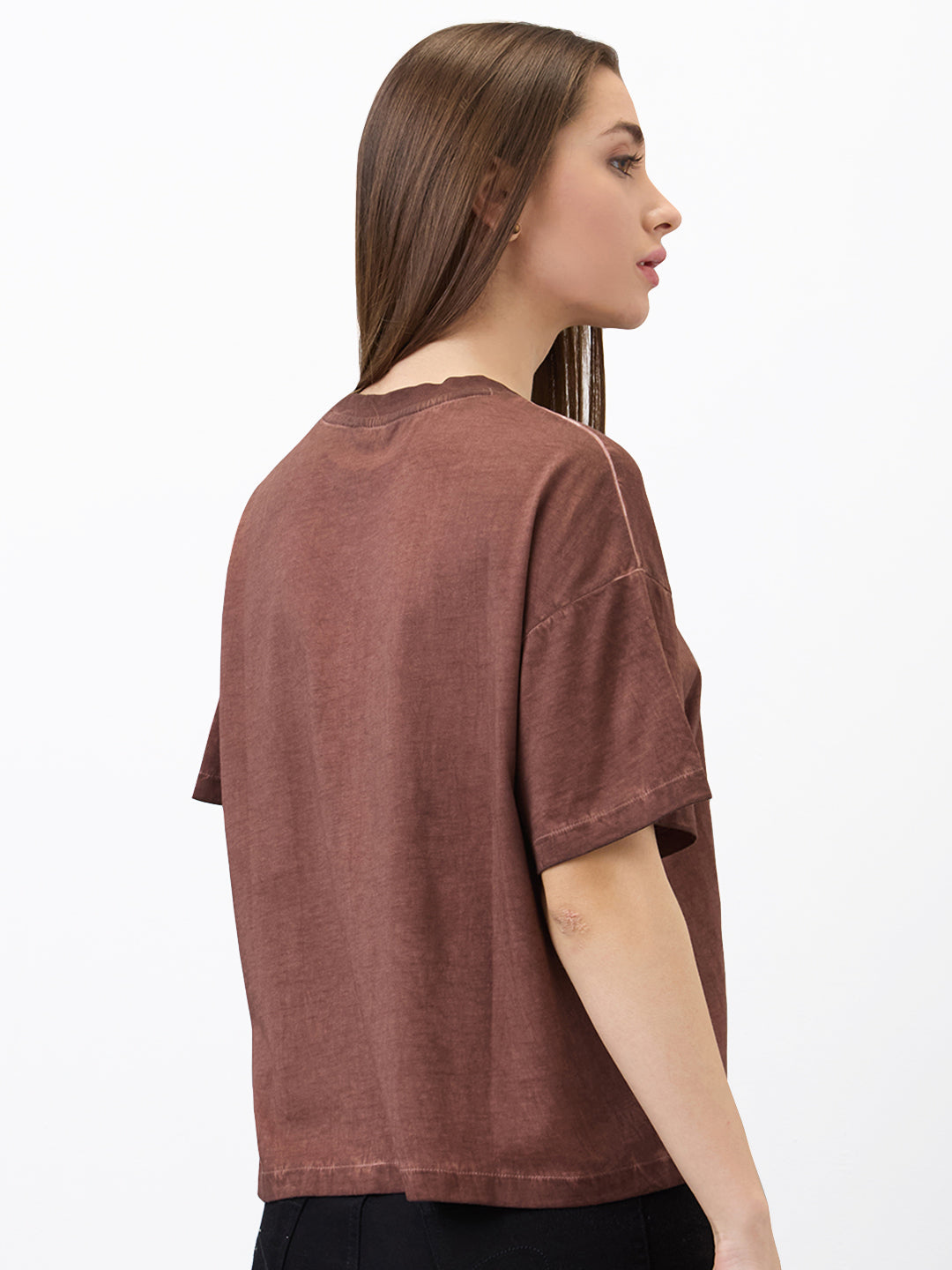 Spykar Brown Oversized Solid Half Sleeve T-Shirt For Women