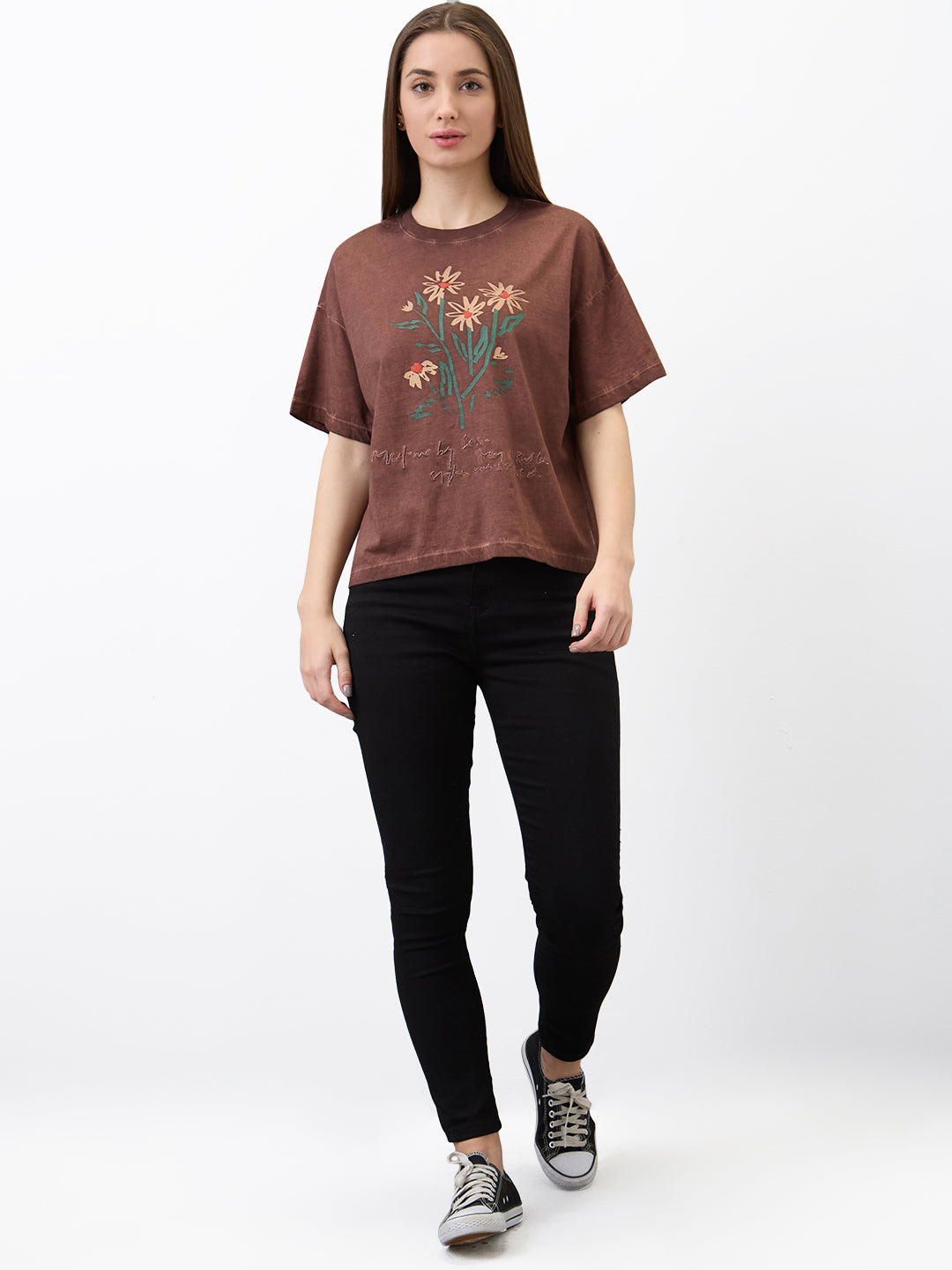 Spykar Brown Oversized Solid Half Sleeve T-Shirt For Women