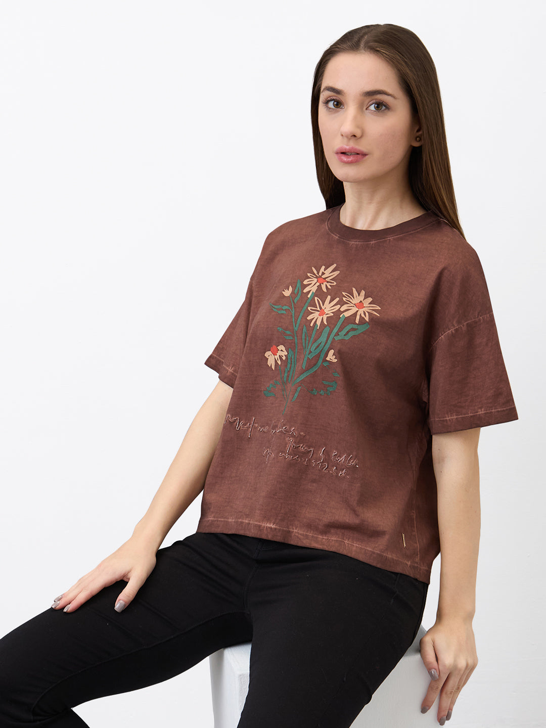 Spykar Brown Oversized Solid Half Sleeve T-Shirt For Women