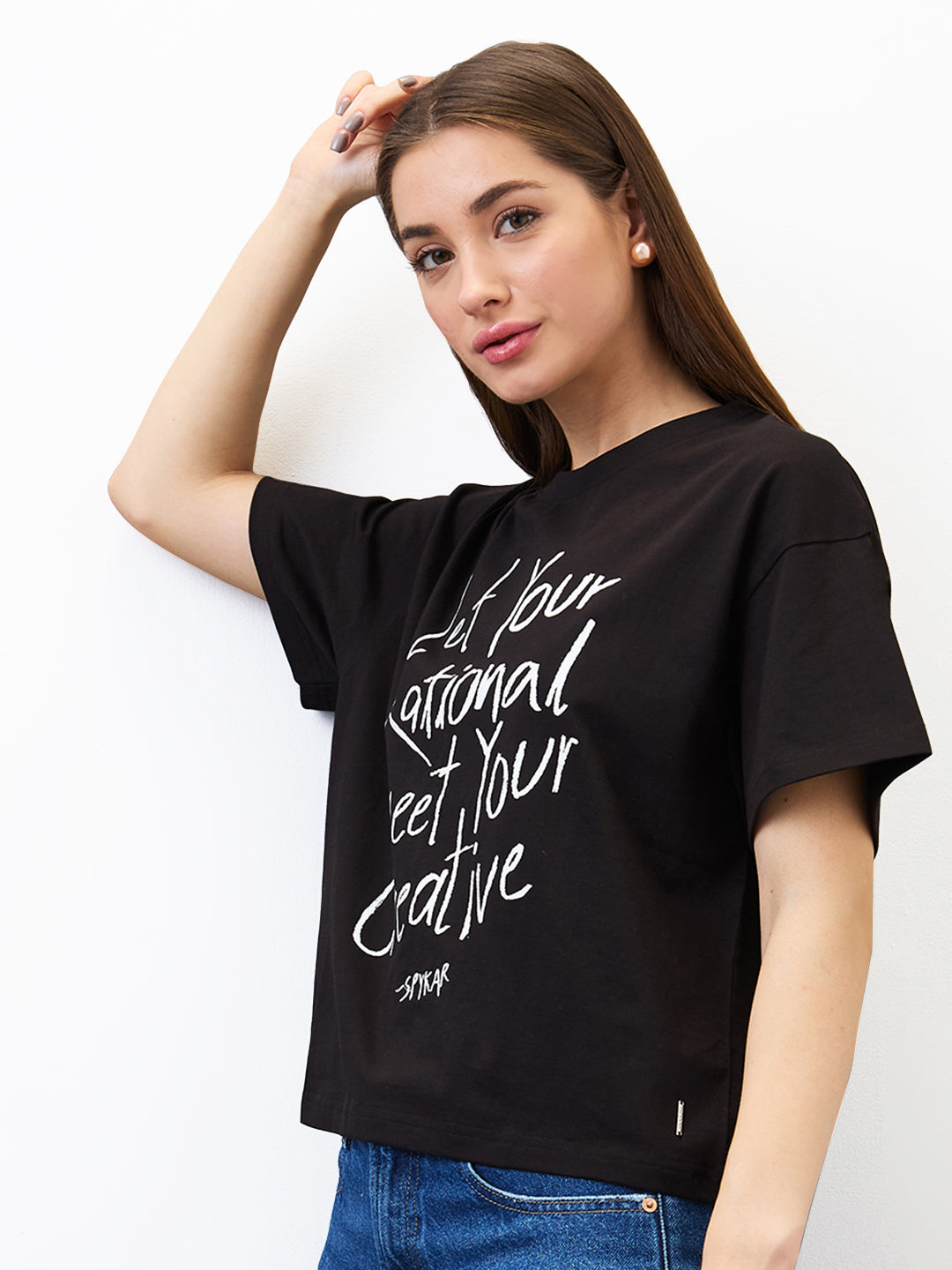 Spykar Black Oversized Solid Half Sleeve T-Shirt For Women